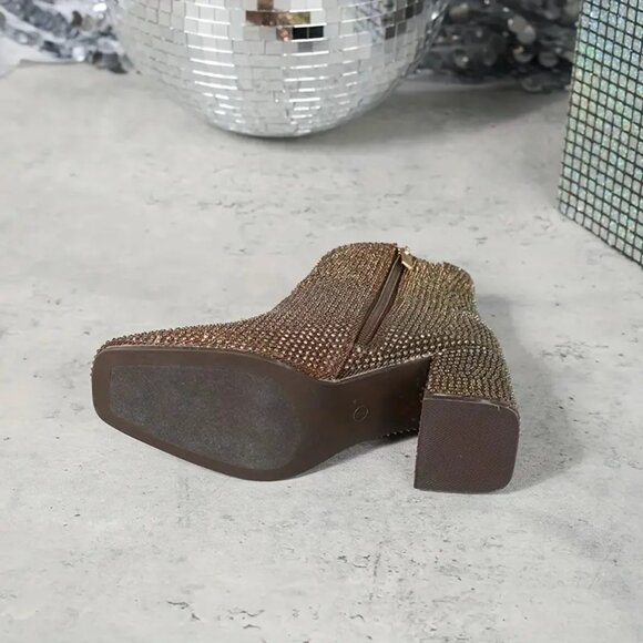 NWOT - Rhinestone Decor Chunky Heel Short Boots in Brown/Gold (Size 7) - Picture 8 of 14